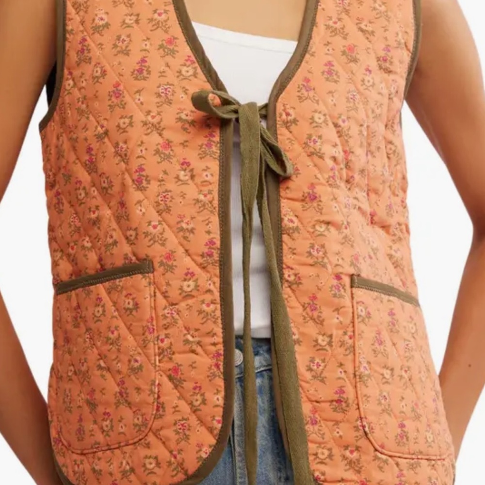 Free People Claudine Floral Quilted Vest in Peach and Olive (Candied Melon)